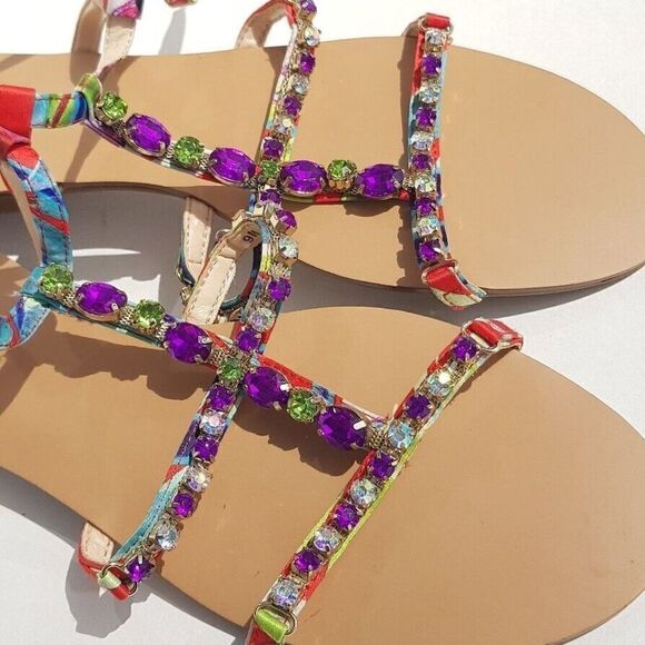 NIB INC International Concept Rhinestone Multicolor Strappy Gypsiee Sandals 10 - Picture 1 of 9